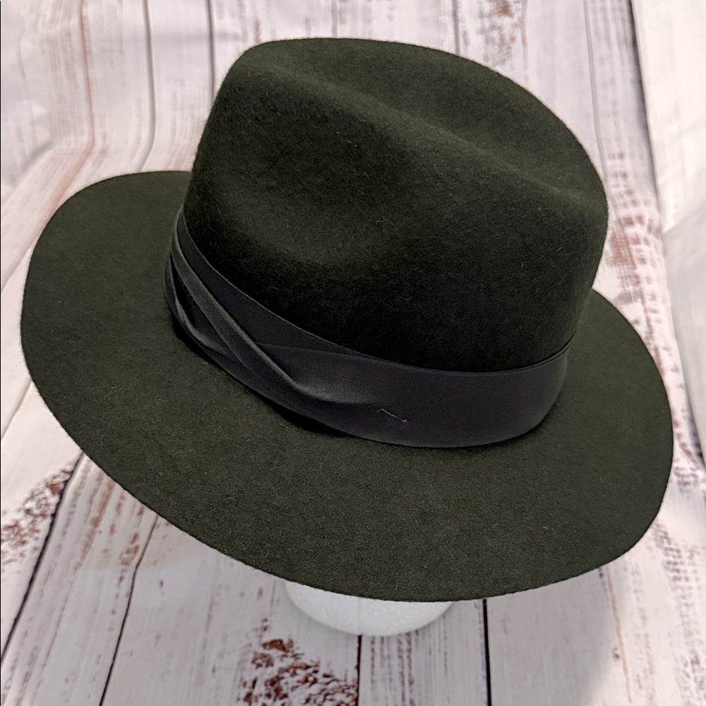 Dark Olive Wool Wide Brimmed Fedora Hat - Picture 12 of 13